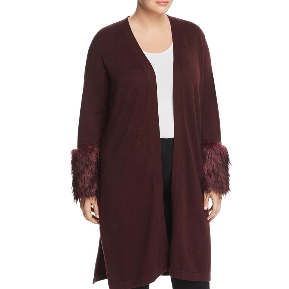 Vince Camuto Burgundy Open Front Longline Cardigan Sweater Faux Fur Cuff Small - Picture 1 of 7